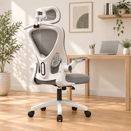 white and grey mesh office chair rear view
