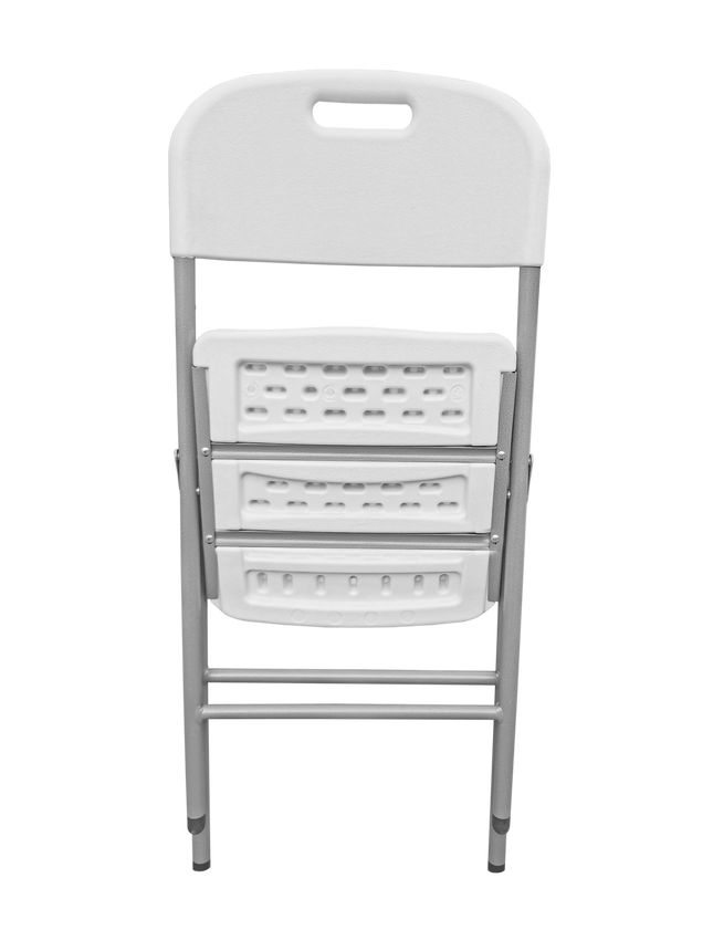 White folding chair in folded position for compact storage and portability