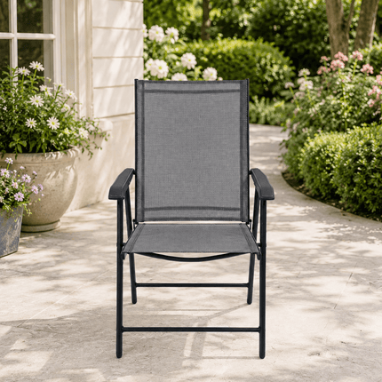 Black folding garden chair with breathable Textilene seat and backrest