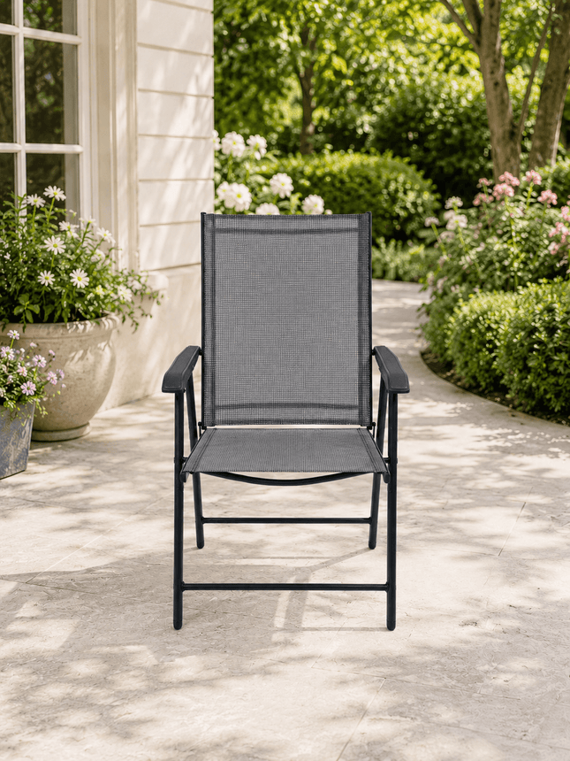 Black folding garden chair with breathable Textilene seat and backrest
