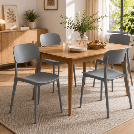Grey stackable plastic dining chairs