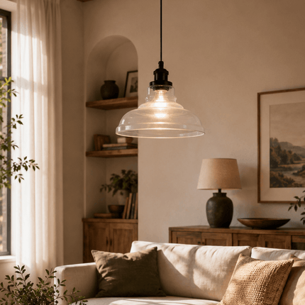 pendant light with clear glass shade and industrial modern design