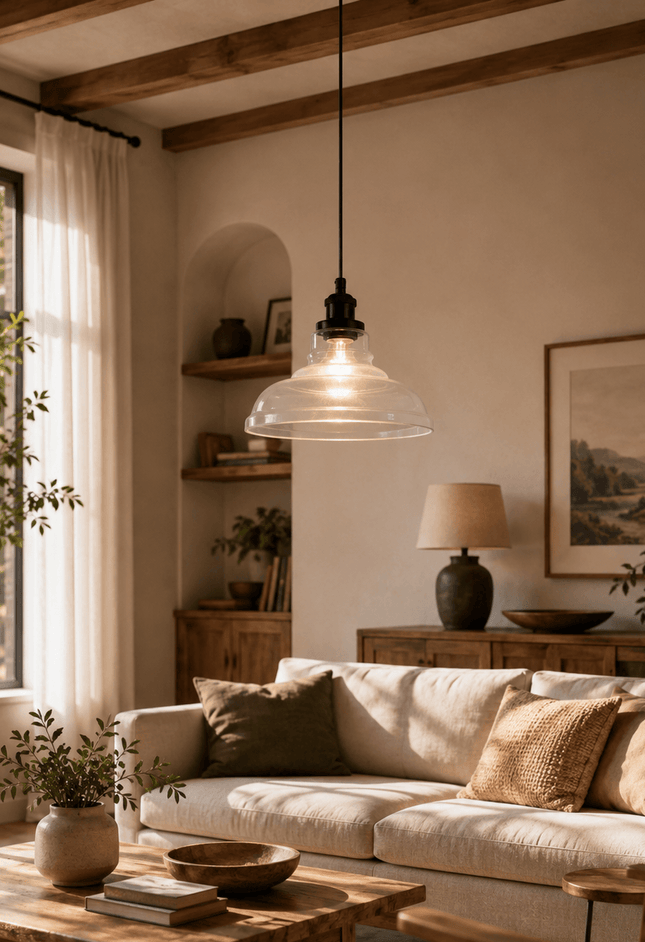 pendant light with clear glass shade and industrial modern design