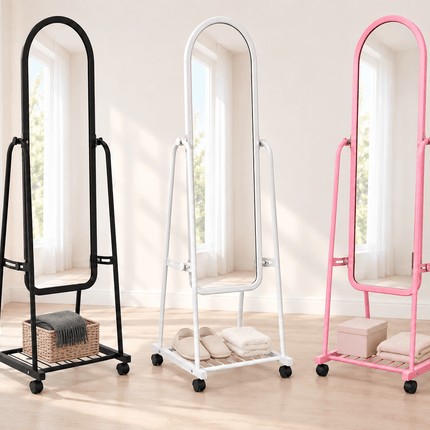 Mobile full-length standing mirror with wheels and storage shelf in black, white and pink