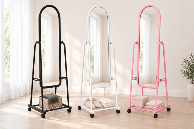 Mobile full-length standing mirror with wheels and storage shelf in black, white and pink