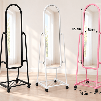 Full-length standing mirror dimensions 152 cm high with 40 × 43 cm base and 122 × 38 cm mirror