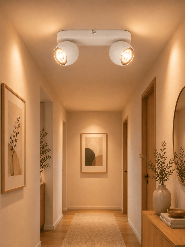 Modern matt white 2L ceiling spotlight installed in hallway interior