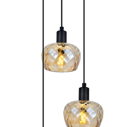 Modern 3-light pendant light with amber glass shades and matt black fittings