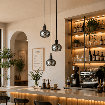 Smoky gray glass 3-light cluster pendant ceiling light in modern café interior