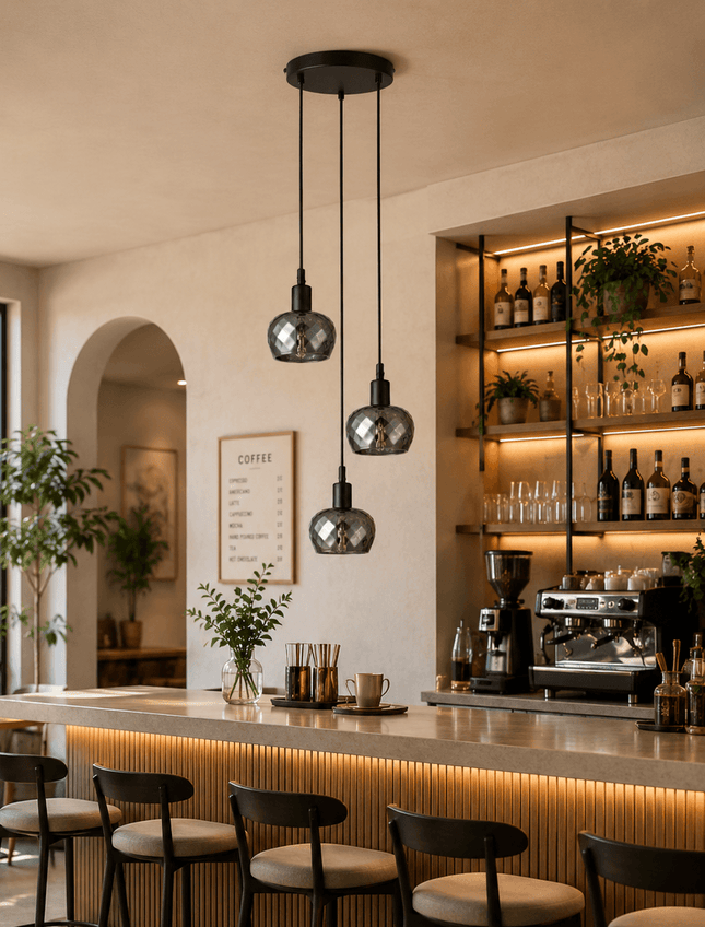 Smoky gray glass 3-light cluster pendant ceiling light in modern café interior