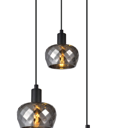 Modern 3-light pendant light with smoky grey glass shades and matt black fittings