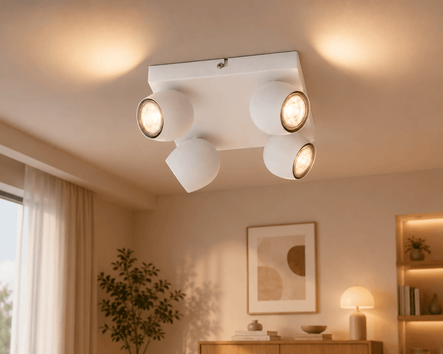 Modern 4-light matt white ceiling spotlight installed in contemporary living room interior