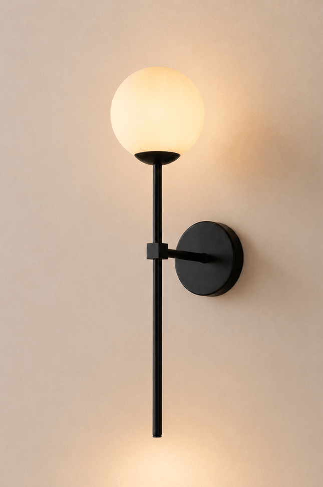 Modern black globe wall sconce with frosted glass shade