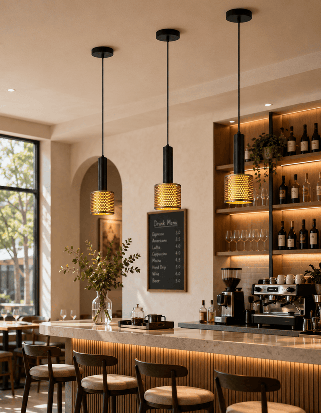 Modern black and gold pendant lights above café counter and bar area