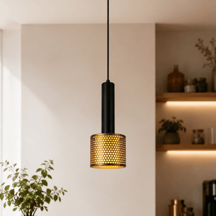 Modern black and gold single pendant light above kitchen island