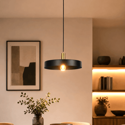 Black metal drum pendant light hanging above modern dining area