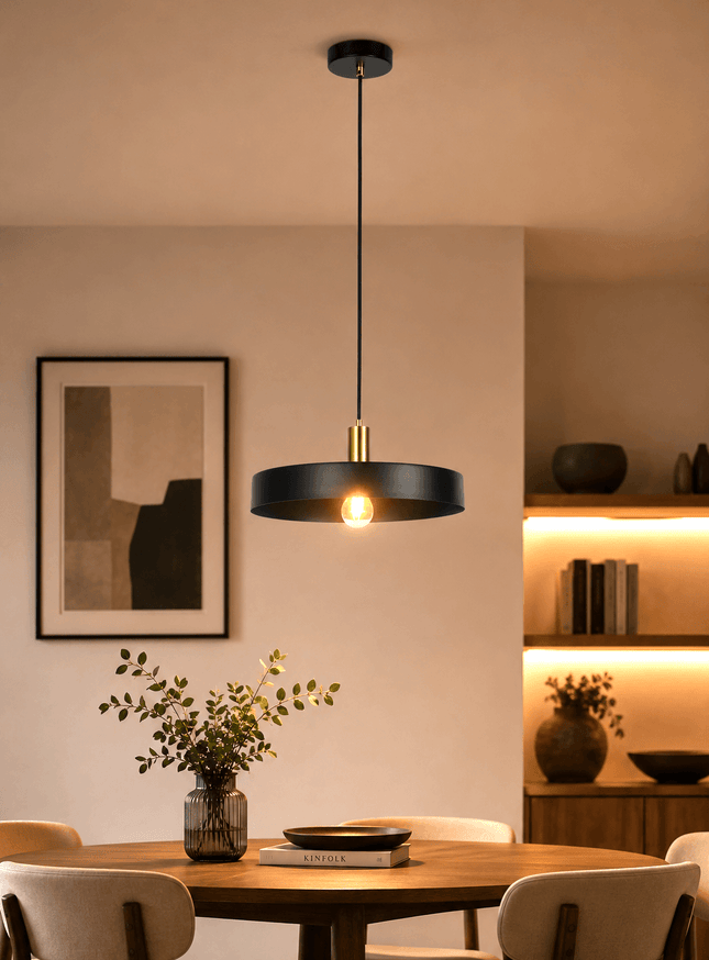 Black metal drum pendant light hanging above modern dining area