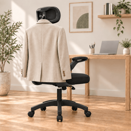 Black ergonomic office chair with built-in clothes hanger