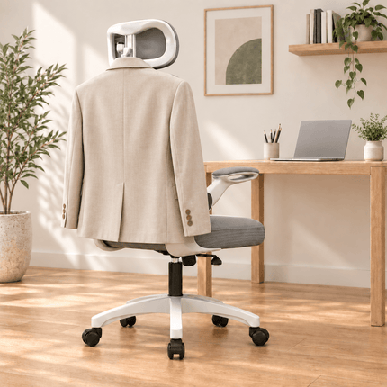 White and grey ergonomic office chair with built-in clothes hanger
