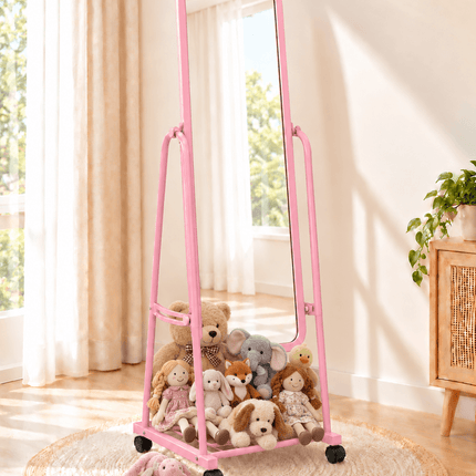 Pink full-length standing mirror with wheels and bottom storage shelf
