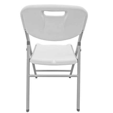 Back view of portable folding chair with metal frame and plastic backrest