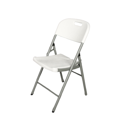 White folding chair in folded position for compact storage and portability