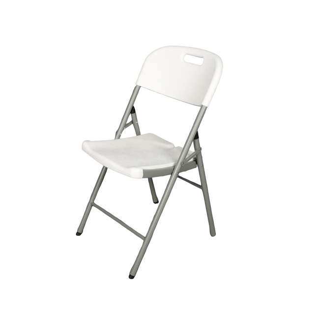 White folding chair in folded position for compact storage and portability