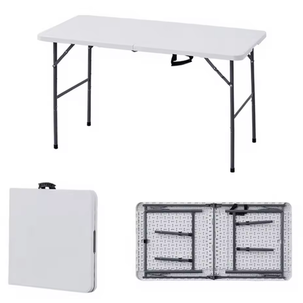 Portable folding camping table open view with heavy duty metal legs