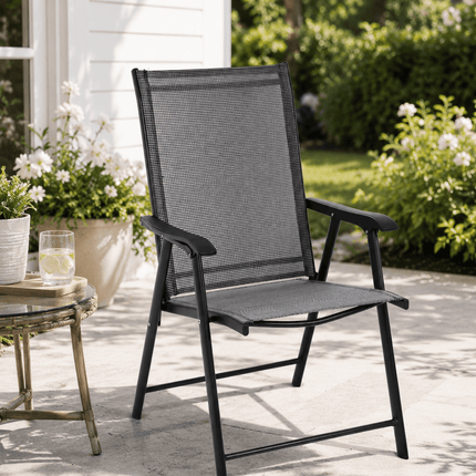 Portable folding outdoor patio chair with Textilene fabric and armrests