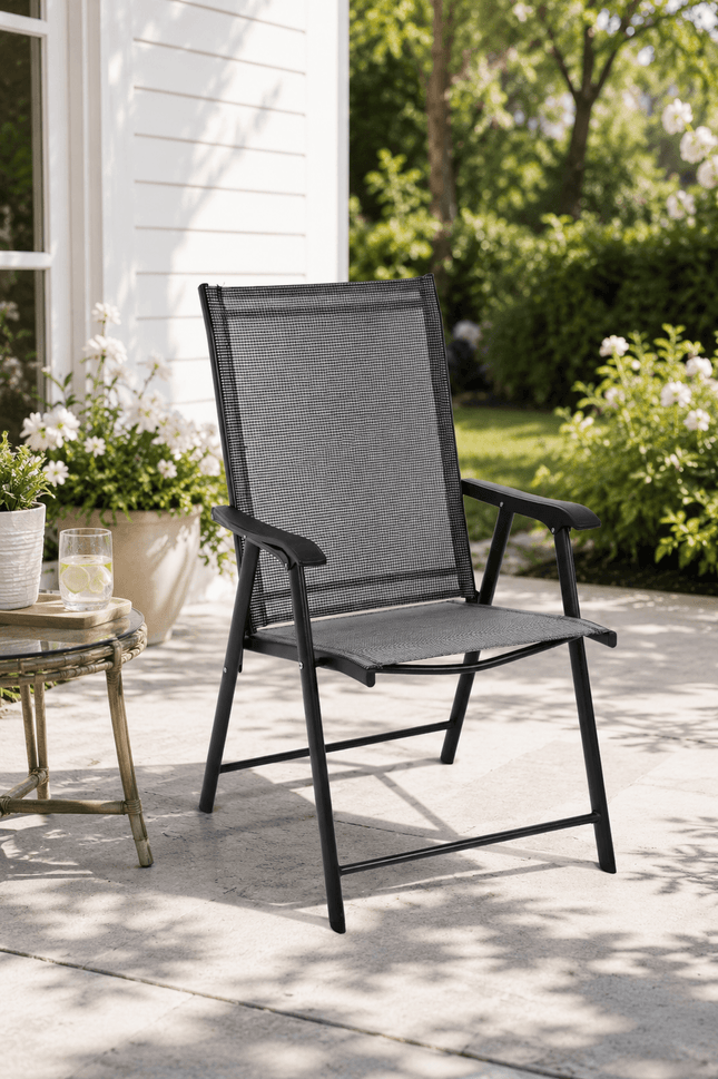 Portable folding outdoor patio chair with Textilene fabric and armrests
