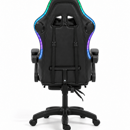 Back view of RGB gaming chair with built-in speakers, LED lighting and ergonomic racing-style design