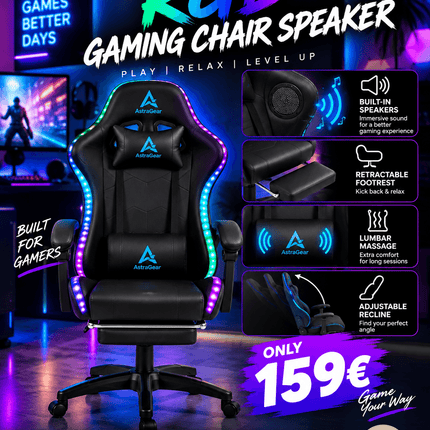 RGB gaming chair featuring Bluetooth speakers, massage lumbar support, retractable footrest and adjustable recline