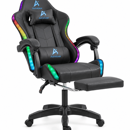 RGB gaming chair with retractable footrest, ergonomic lumbar support and LED lighting