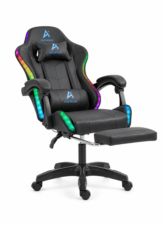 RGB gaming chair with retractable footrest, ergonomic lumbar support and LED lighting