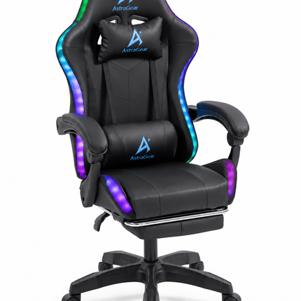 RGB gaming chair with Bluetooth speakers, massage lumbar cushion and colorful LED lighting