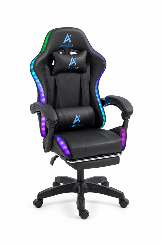 RGB gaming chair with Bluetooth speakers, massage lumbar cushion and colorful LED lighting