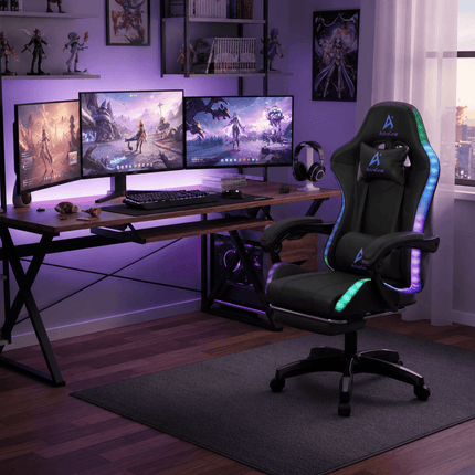AstraGear RGB gaming chair in triple monitor gaming setup