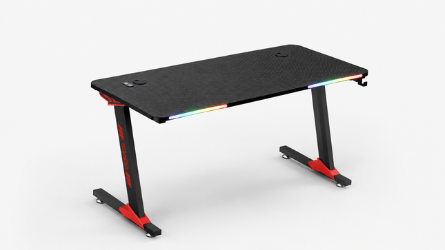 Black and red RGB gaming desk with carbon fiber texture desktop and LED lighting