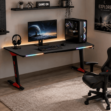 RGB gaming desk with gaming PC, monitor and ergonomic gaming chair in home office