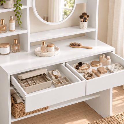 Snow White dressing table with two spacious drawers and organised makeup and jewellery storage