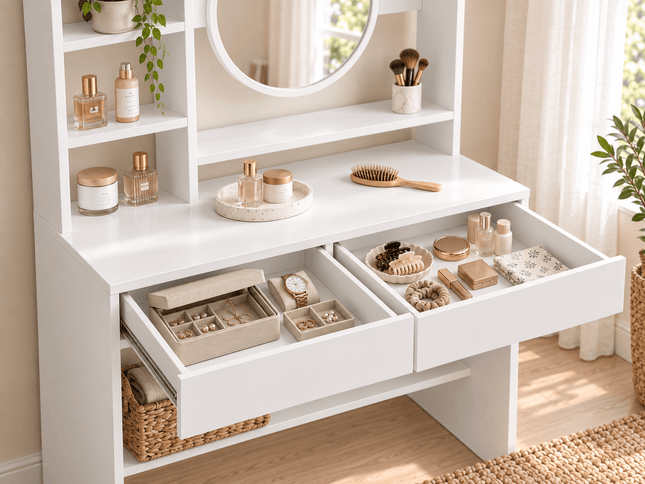 Snow White dressing table with two spacious drawers and organised makeup and jewellery storage