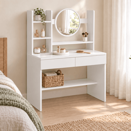 Snow White dressing table with round mirror, drawers and storage shelves in a modern bedroom