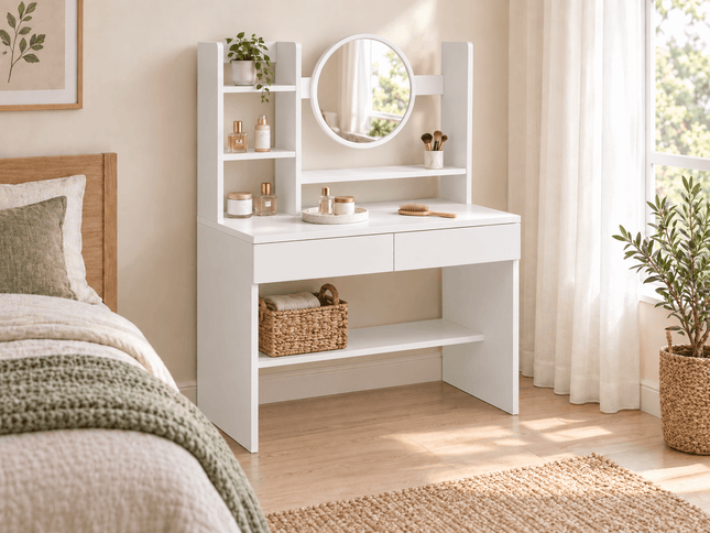 Snow White dressing table with round mirror, drawers and storage shelves in a modern bedroom