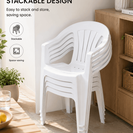 Stackable white plastic outdoor chairs space saving design