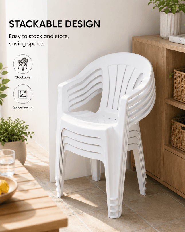Stackable white plastic outdoor chairs space saving design