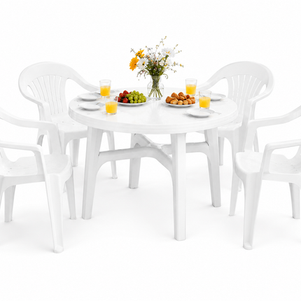 5 piece white outdoor garden furniture set with round table and chairs