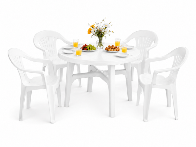 5 piece white outdoor garden furniture set with round table and chairs