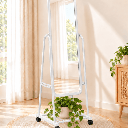 White full-length standing mirror with wheels and bottom storage shelf