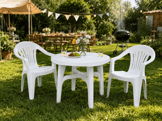White outdoor garden table and chairs set on grass patio