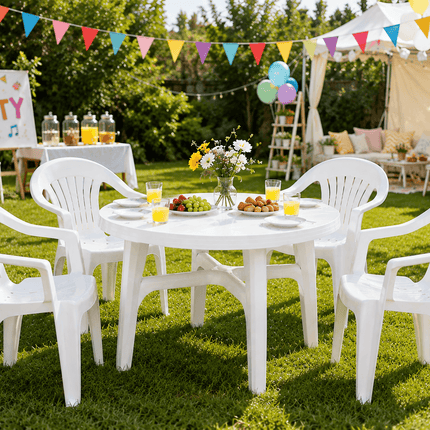 White outdoor patio dining set with round table and 4 chairs for garden parties